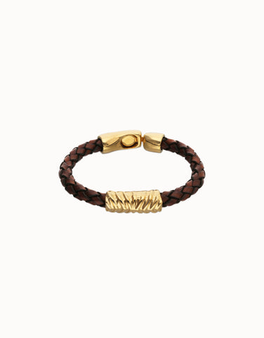 Mens Brown Braided Leather Gold Bracelet - Roots Collection