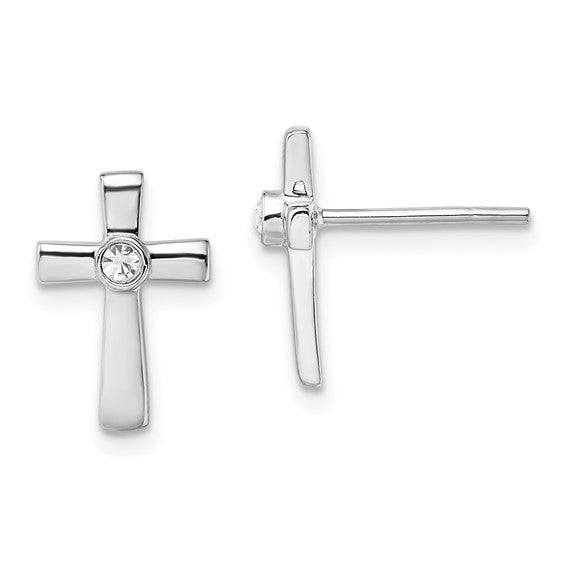 Sterling Silver Polished Cross Stud Earrings with CZ Center