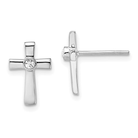 Sterling Silver Polished Cross Stud Earrings with CZ Center