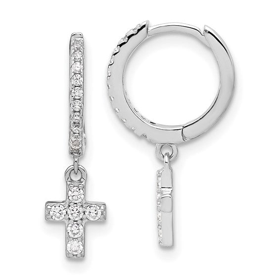 CZ Cross Dangle Huggie Hoop Earrings