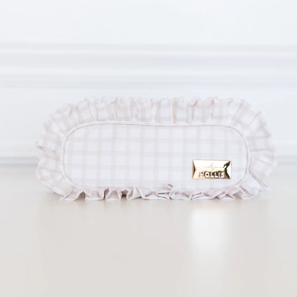 Ruffled Nylon Pencil Pouch in Nude Plaid