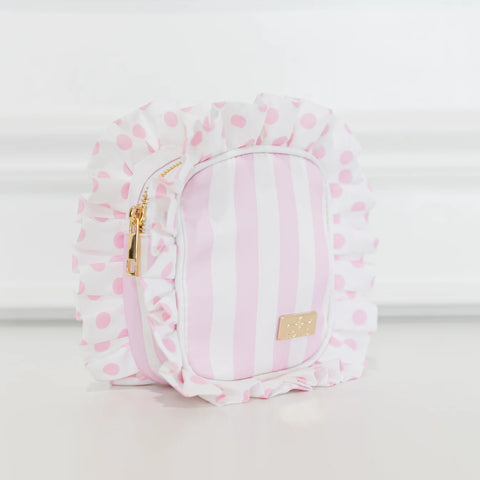 Pink Polka Stripe Ruffled Nylon Tech Organizer