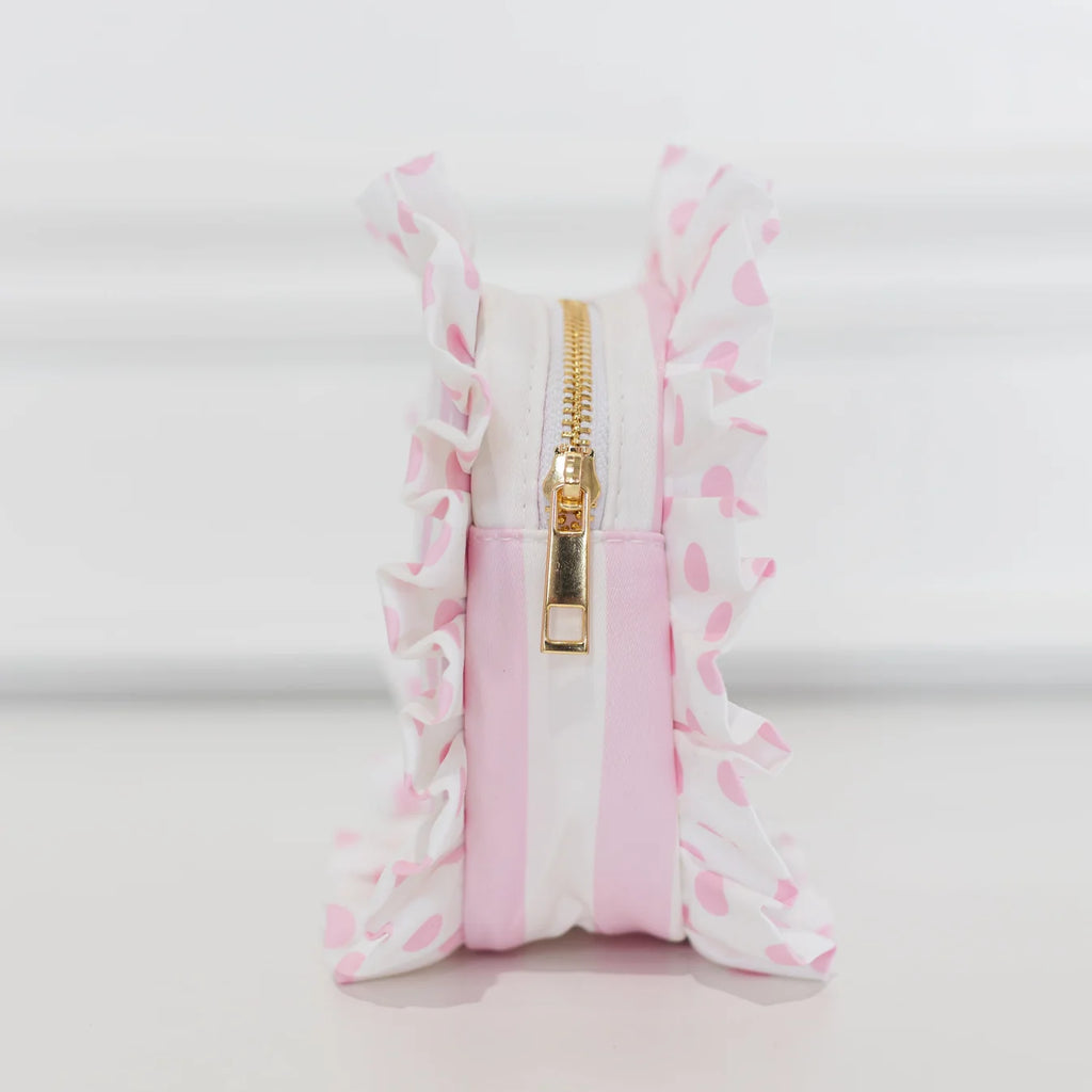 Pink Polka Stripe Ruffled Nylon Tech Organizer