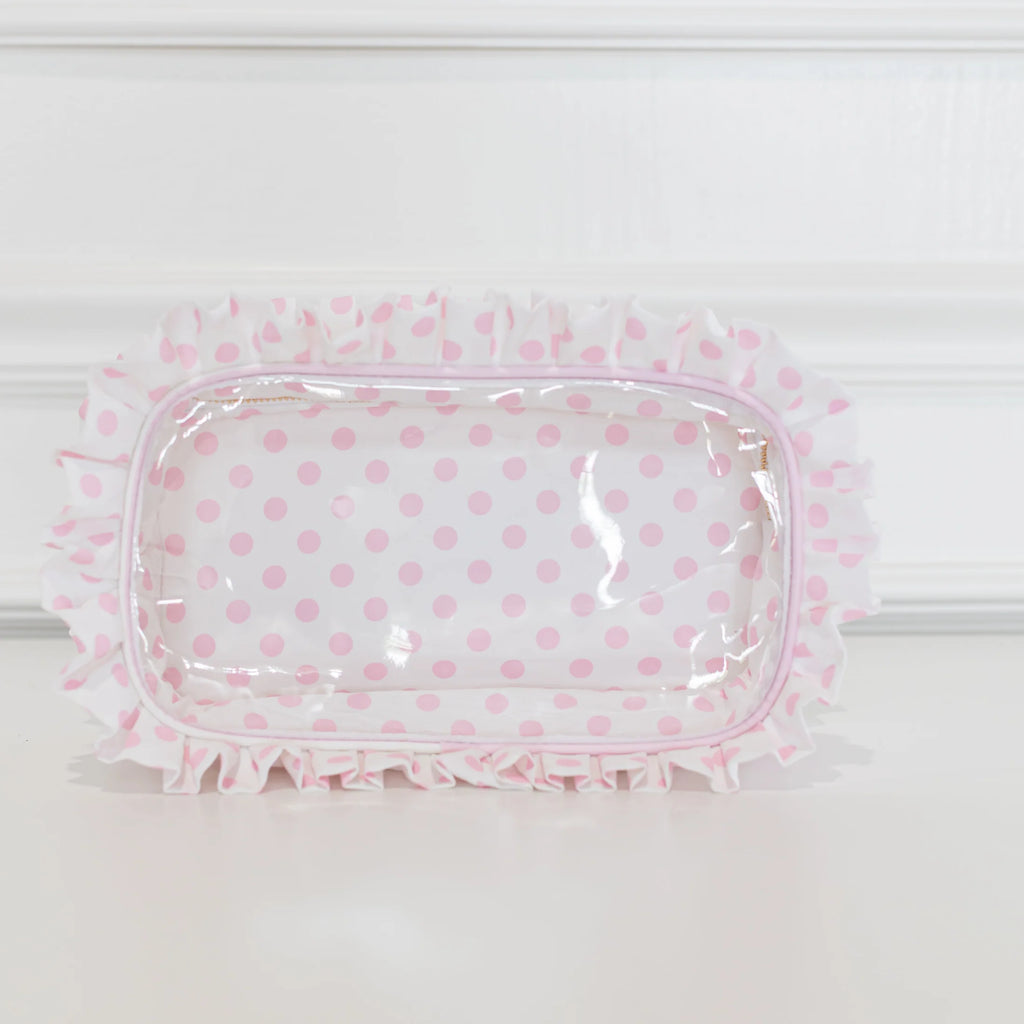 Pink Polka Stripe Ruffled Nylon Large Clear Pouch