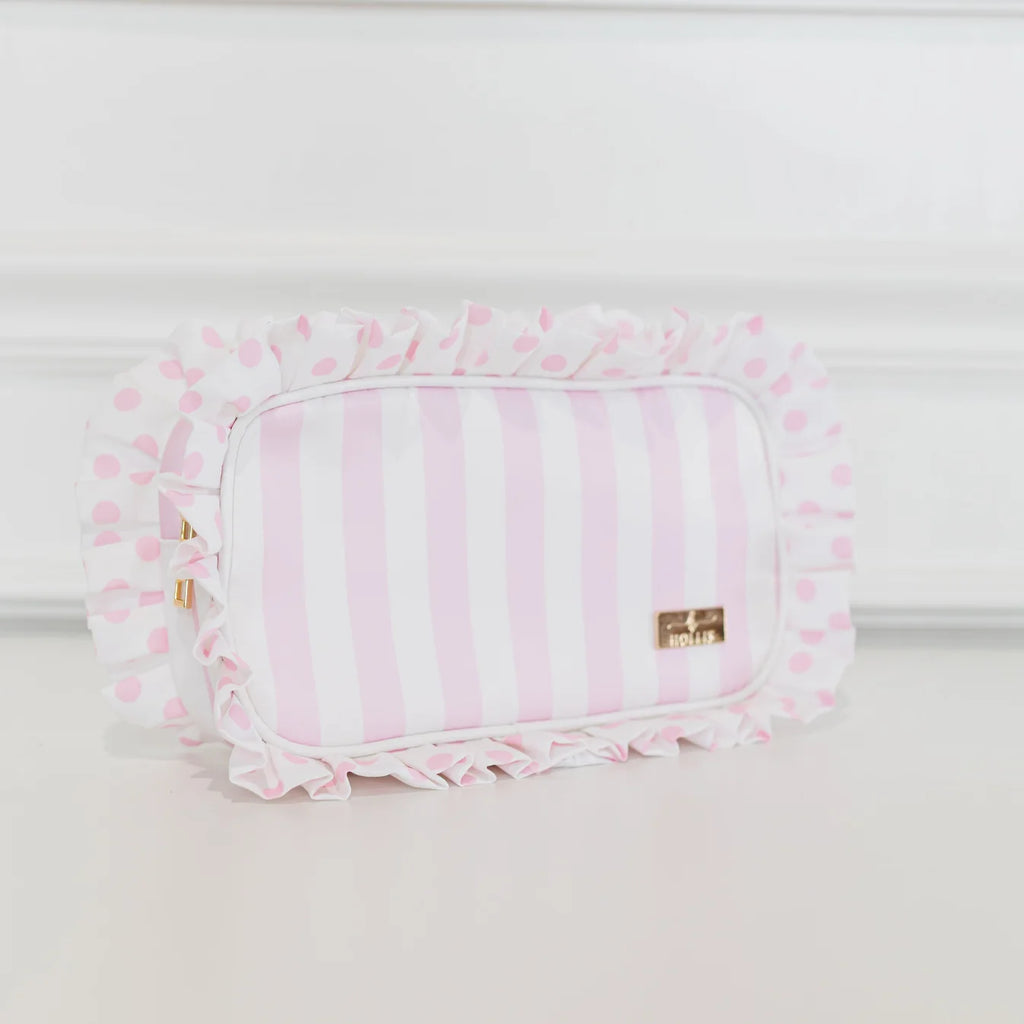 Pink Polka Stripe Ruffled Nylon Medium Pouch