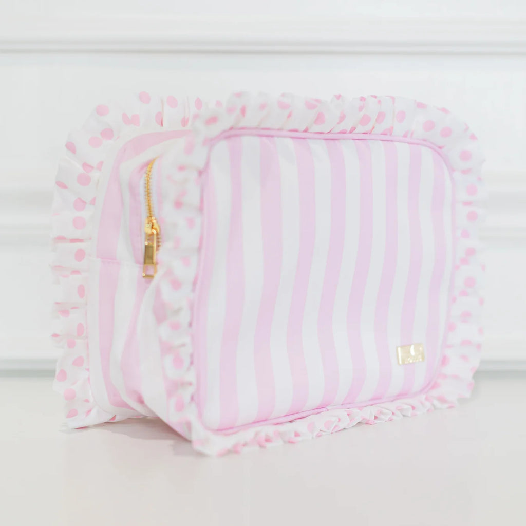 Pink Polka Stripe Ruffled Nylon XL Pouch
