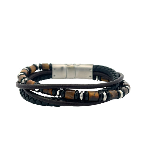 Black Full Grain Cowhide Leather & Brown Leather & Tiger's Eye Stone Bead Multi-Strand Bracelet