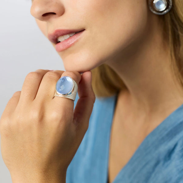 Verona Silver Statement Ring in Iridescent Chalcedony Blue