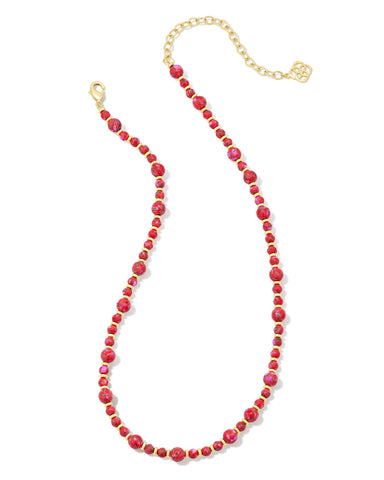 Jovie Beaded Gold Strand Necklace in Bronze Veined Red Fuchsia