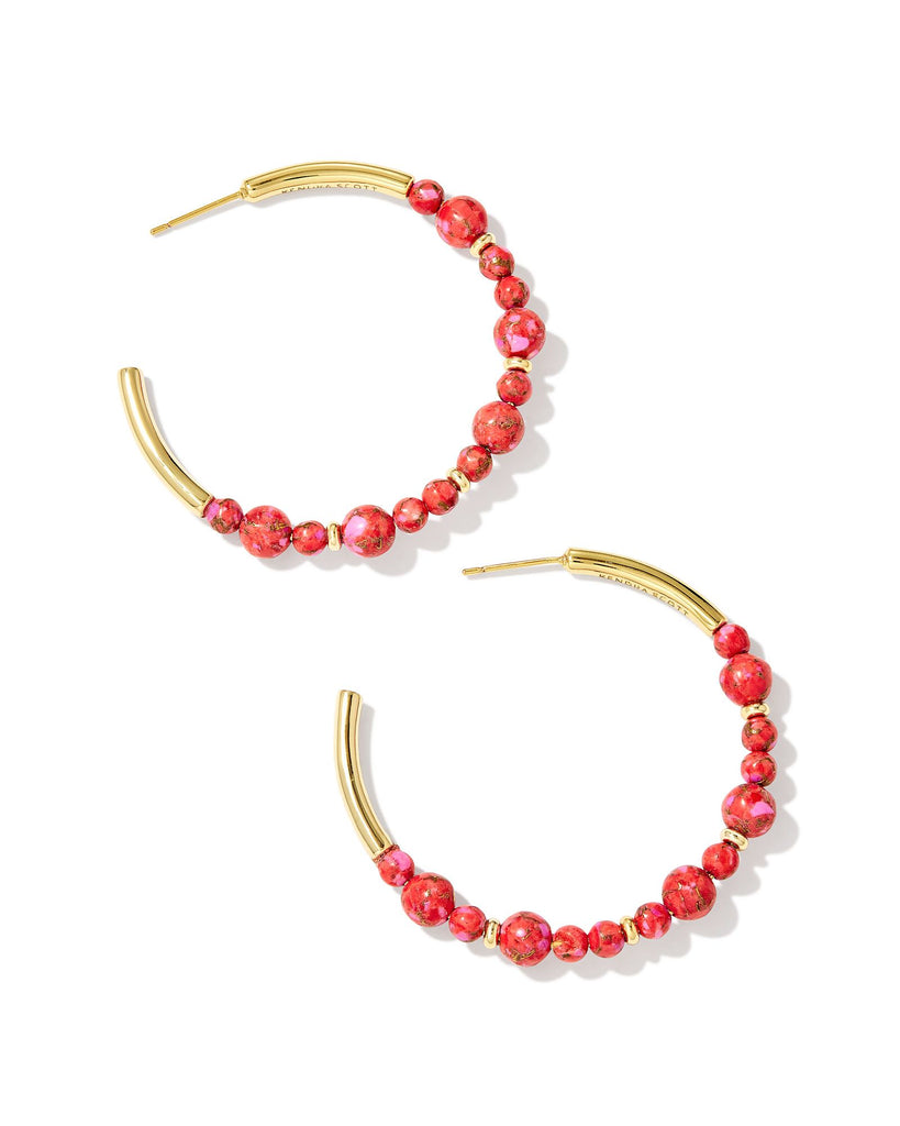 Jovie Beaded Gold Hoop Earrings in Bronze Veined Red Fuchsia