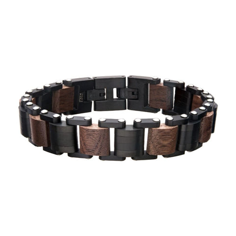 Stainless Steel & Walnut Wood Link Bracelet