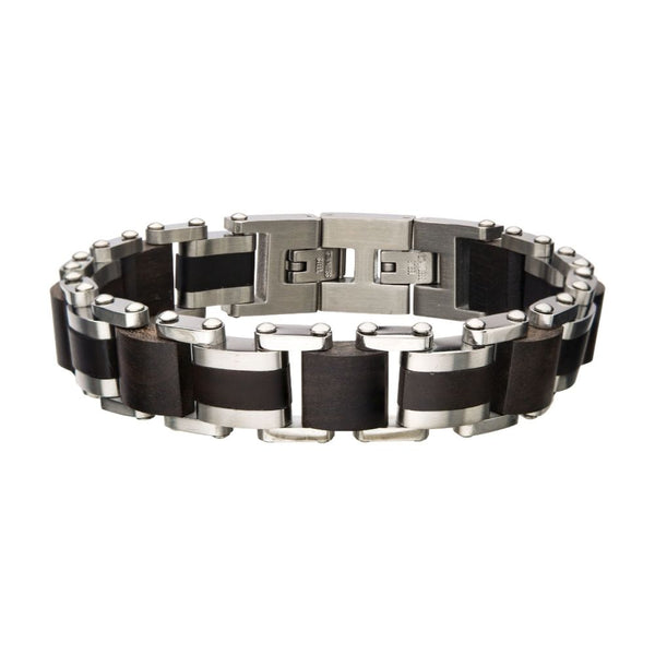 Stainless Steel & Ebony Wood Link Bracelet