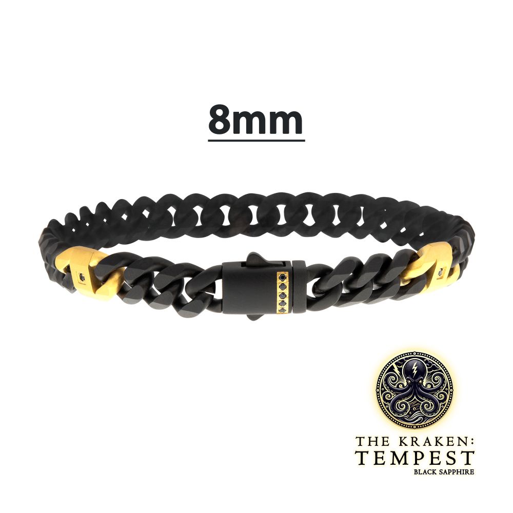 8mm Black IP Steel Matte Finish Miami Cuban Chain Bracelet with Genuine Black Sapphire Gem
