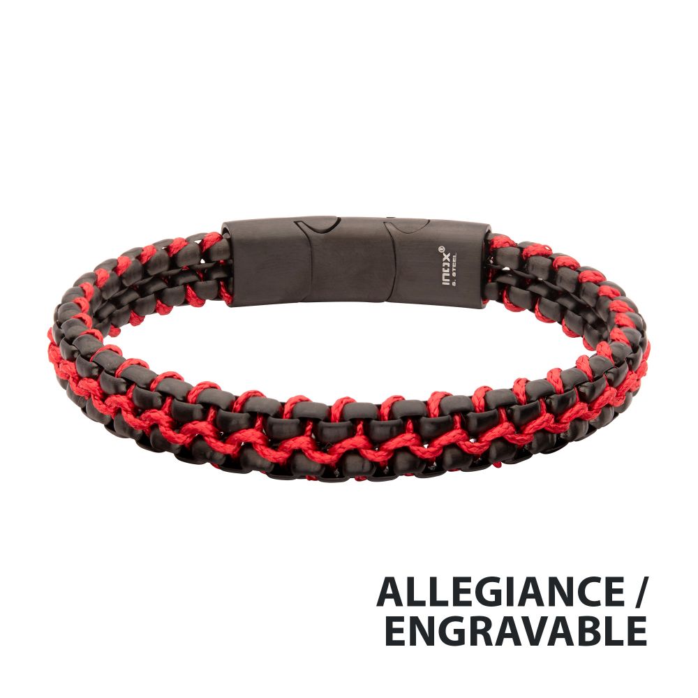 Matte Finish Black IP Stainless Steel Box Chain with Red Wax Cord Brace