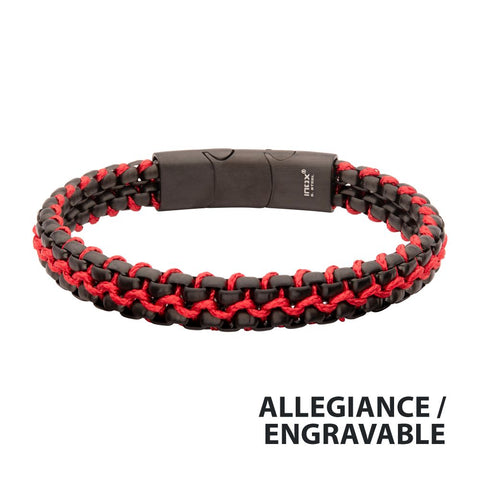 Matte Finish Black IP Stainless Steel Box Chain with Red Wax Cord Brace