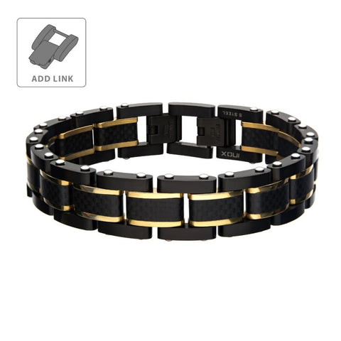 Black Carbon Fiber Bracelet with Gold IP Link Bracelet