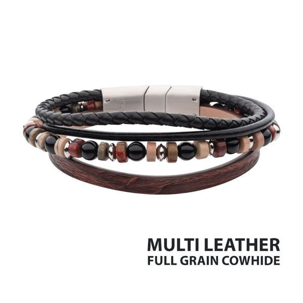 Brown & Black Full Grain Cowhide Leather with Black Onyx & Bloodstone Bead Multi-Strand Bracelet