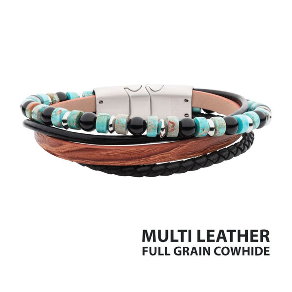 Brown & Black Full Grain Cowhide Leather with Black Onyx & Green Emperor Stone Bead Multi-Strand Bracelet