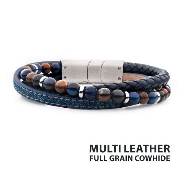 Blue Full Grain Cowhide Leather & Blue Denim with Lapis Lazuli & Tiger's Eye Stone Bead Multi-Strand Bracelet