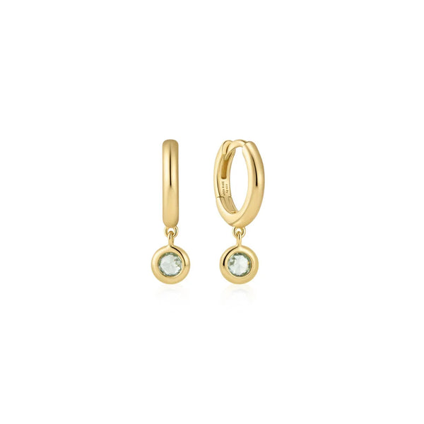Dangling Mint Huggie Hoop Earrings in Gold