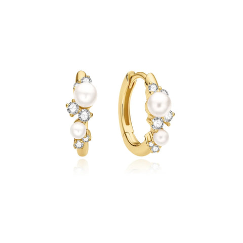 Shell Pearl Cluster Huggie Hoop Earrings