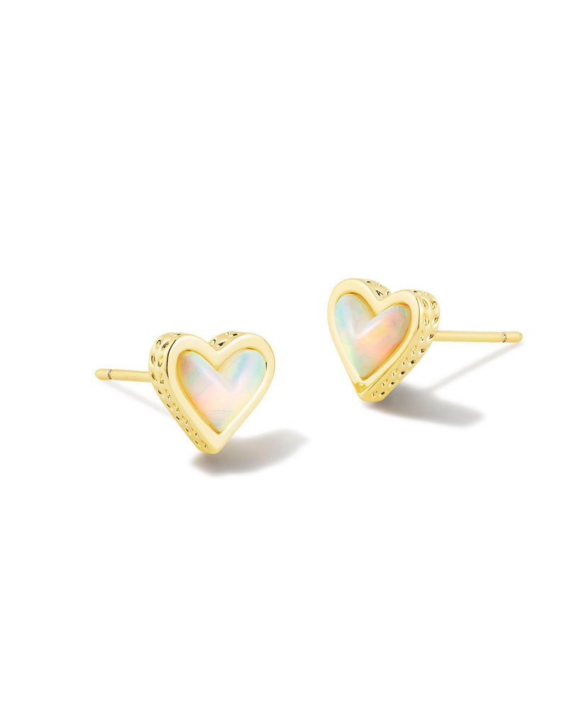 Framed Ari Heart Gold Stud Earrings in White Opalescent Resin