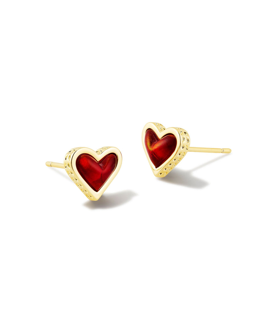 Framed Ari Heart Gold Stud Earrings in Red Opalescent Resin