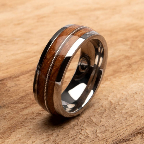 Whiskey Barrel Wood Inlay Titanium Ring