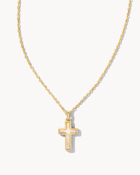 Cross Pendant Gold Necklace White Opal