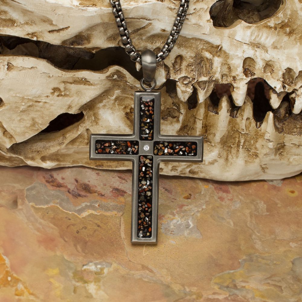 Gun Metal OP Steel Matte Finish Black Dinosaur Bone Inlay with Lab Grown Diamond Cross Pedant