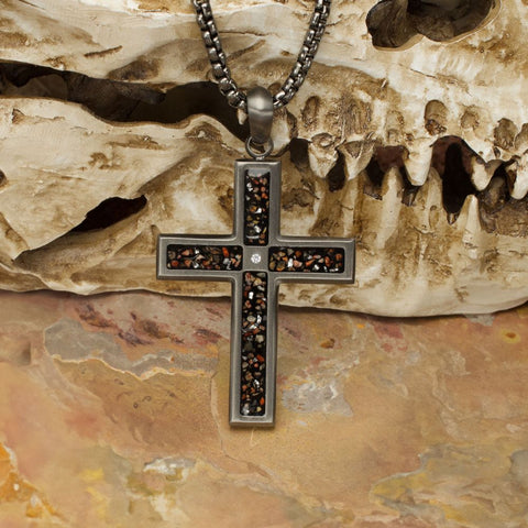 Gun Metal OP Steel Matte Finish Black Dinosaur Bone Inlay with Lab Grown Diamond Cross Pedant