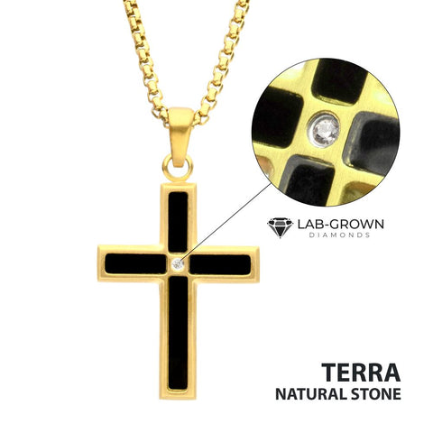 18Kt Gold IP Matte Finish Steel Black Onyx Stone Inlay with Lab-Grown Diamond Cross Pendant