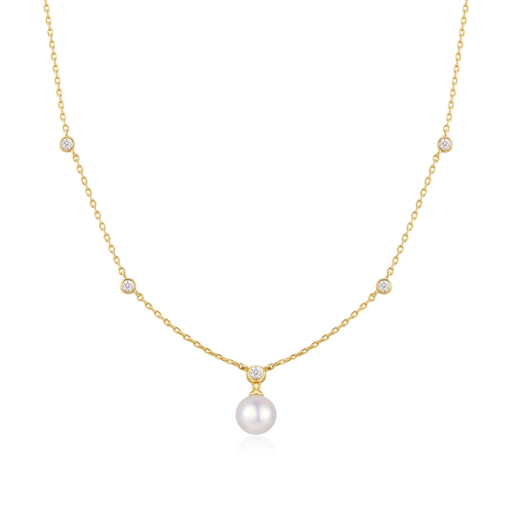 Bezel Set CZ Station Necklace with Shell Pearl Pendant
