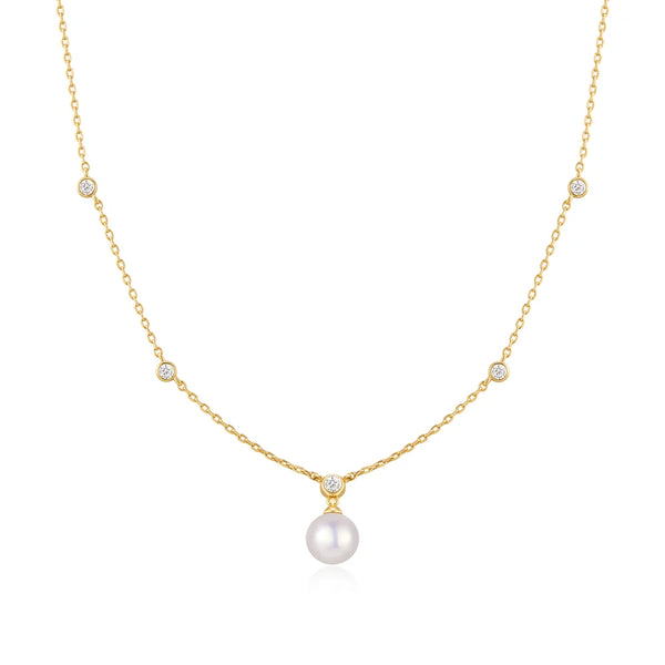 Bezel Set CZ Station Necklace with Shell Pearl Pendant