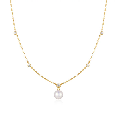Bezel Set CZ Station Necklace with Shell Pearl Pendant