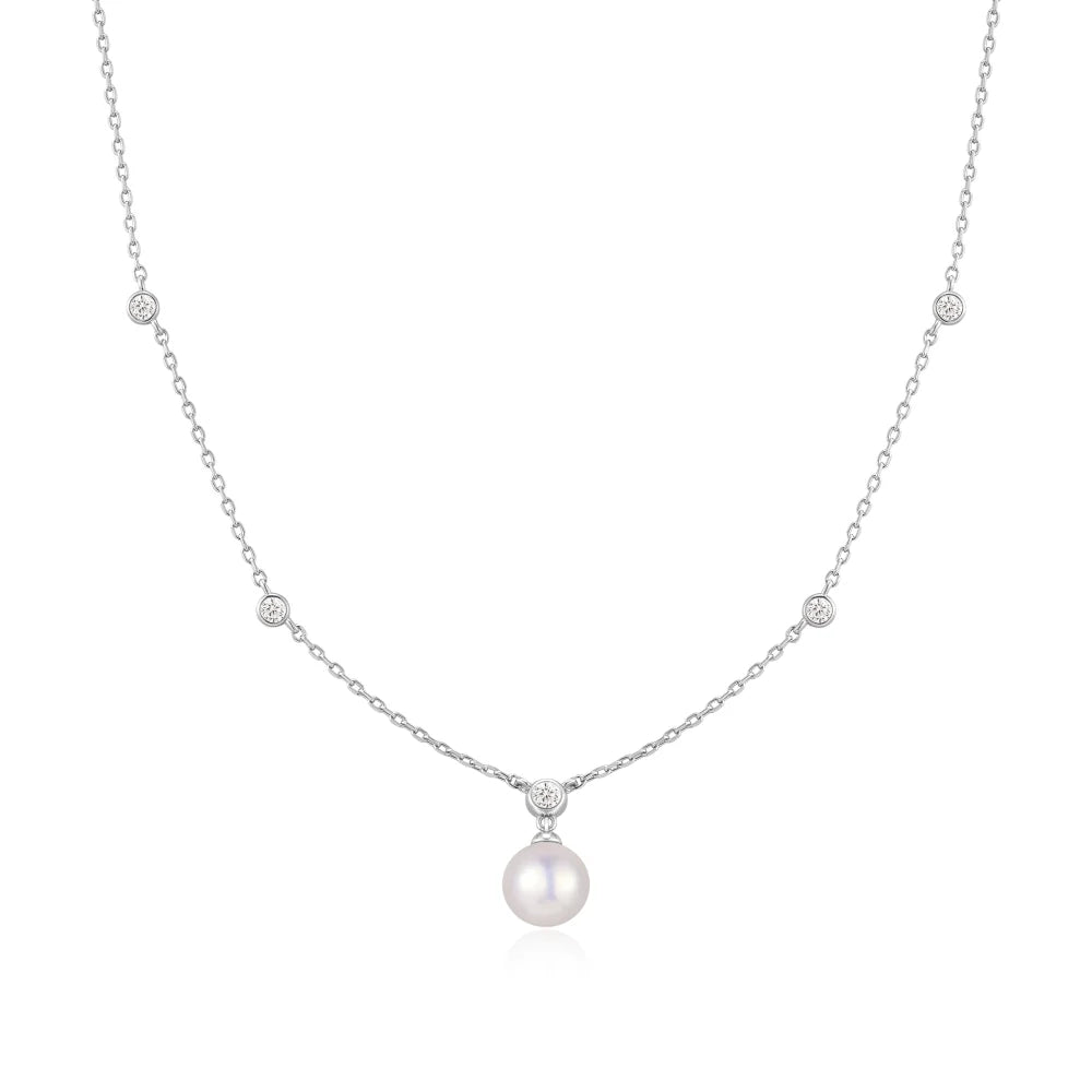 Bezel Set CZ Station Necklace with Shell Pearl Pendant