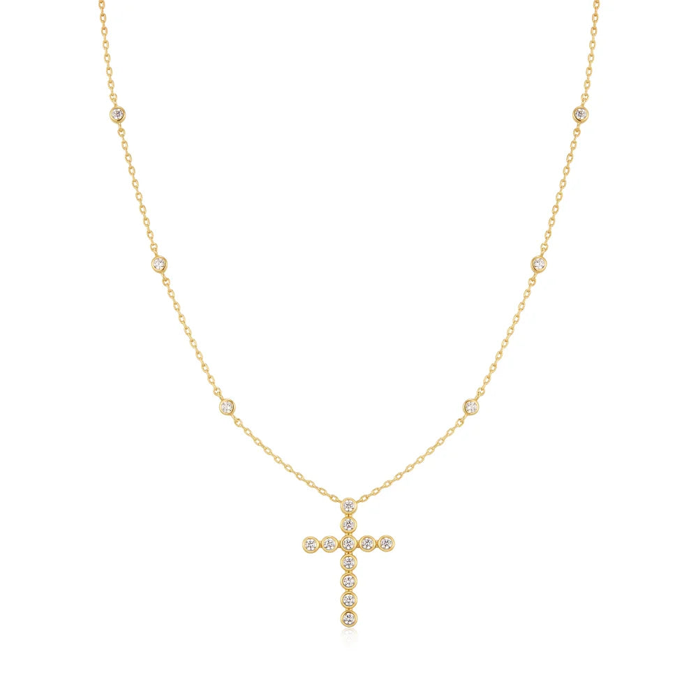 Gold Bezel-Set Station Necklace with Cross Pendant