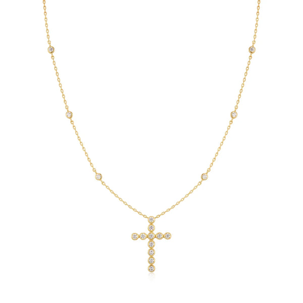Gold Bezel-Set Station Necklace with Cross Pendant