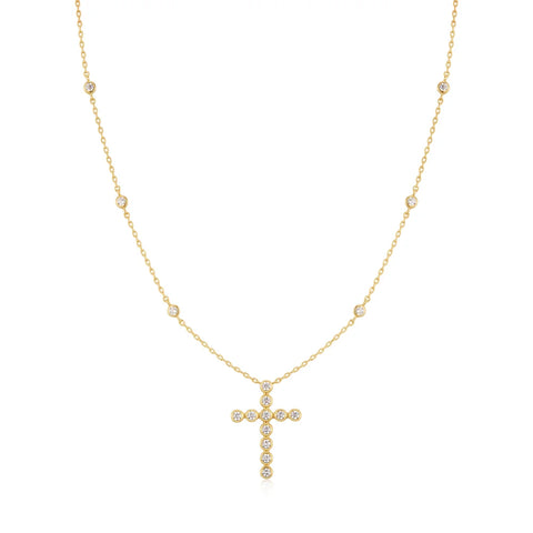 Gold Bezel-Set Station Necklace with Cross Pendant