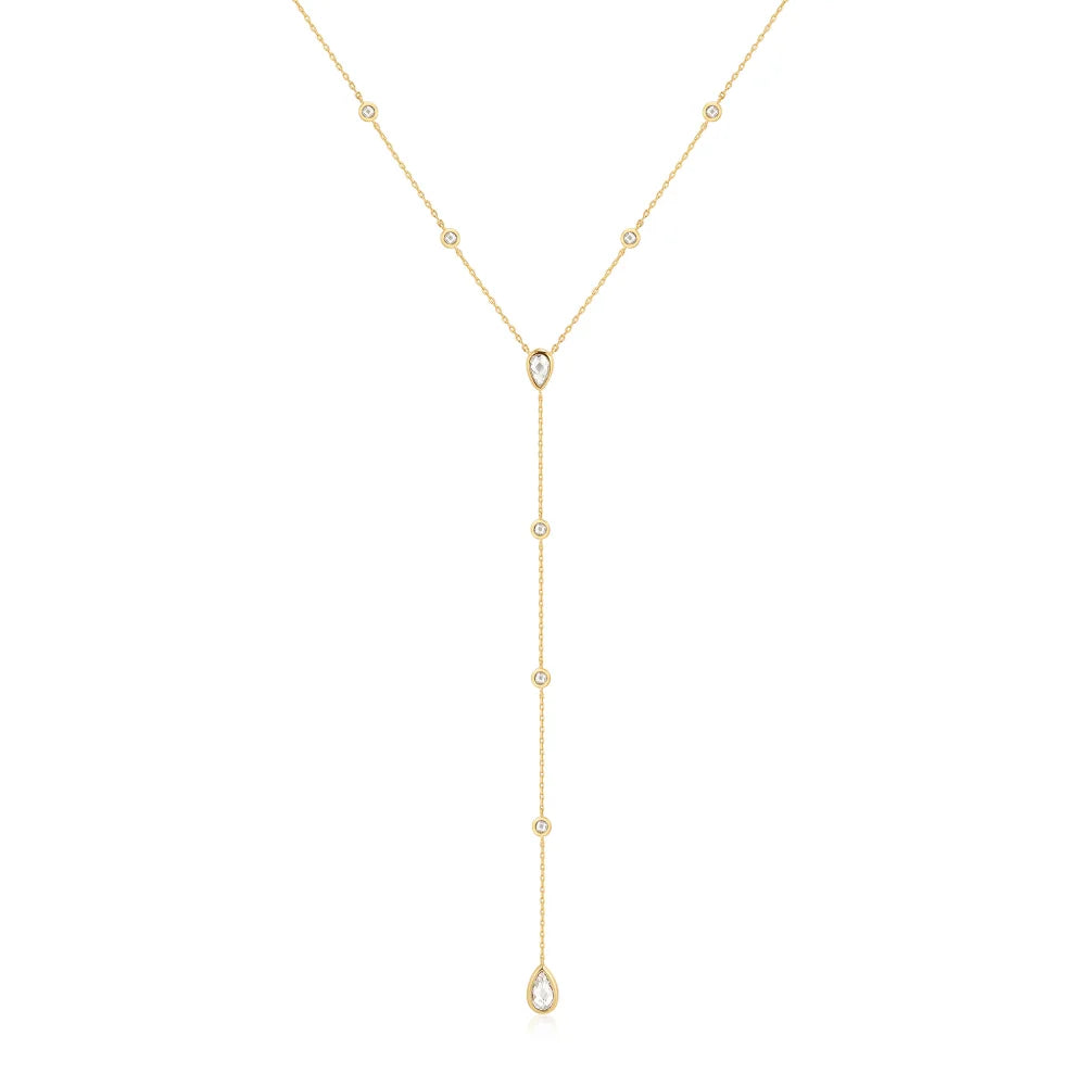 Gold Round & Teardrop Bezel Station Y Necklace