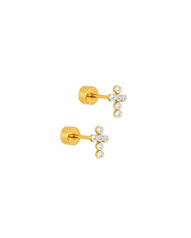 Clara Pearl Gold Cross Flat Back Screwback Stud Earrings