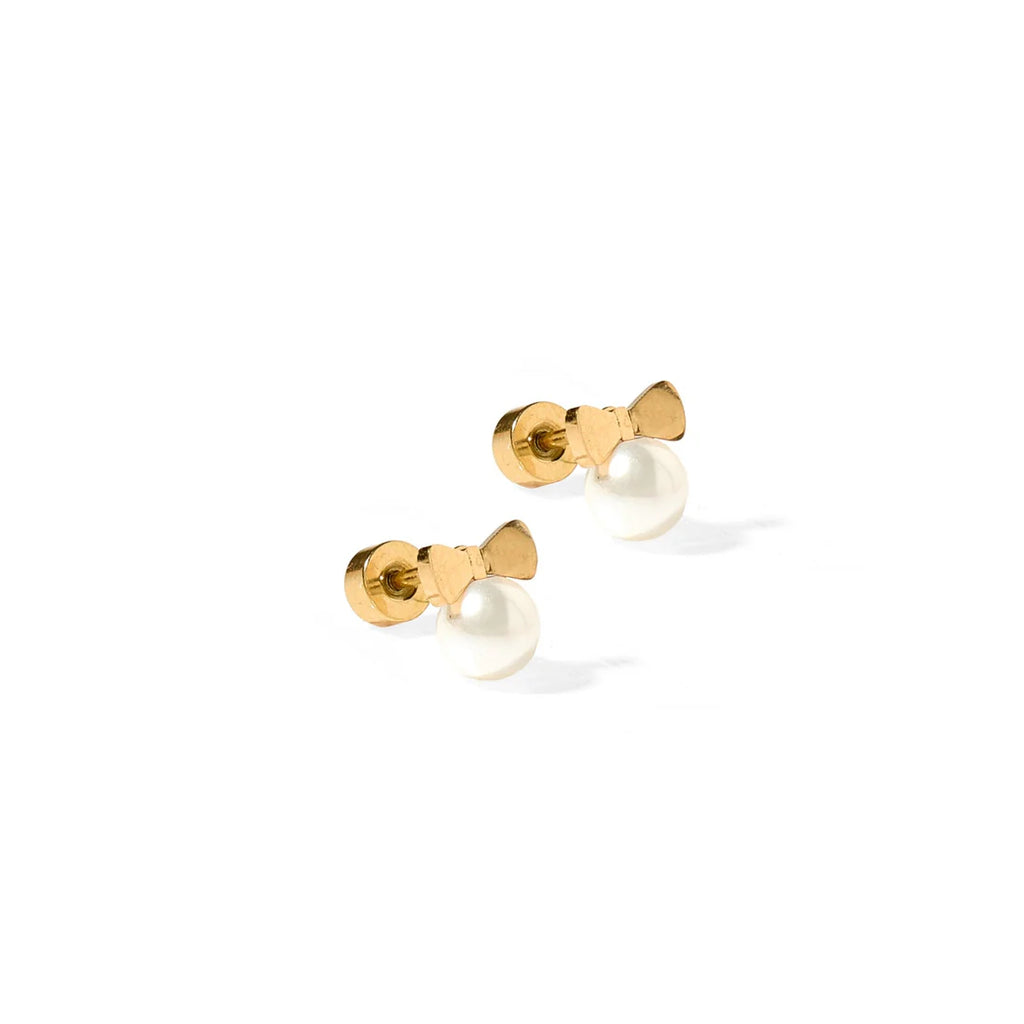 Heidi Pearl Bow Gold Flat Back Screw Back Earrings