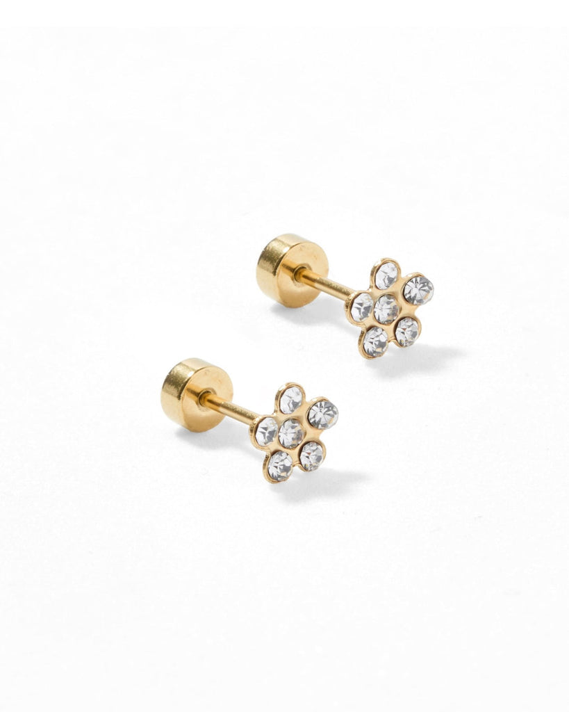 Lyla Clear Flower Gold Flat Back Screwback Stud Earrings