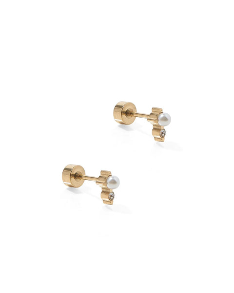 Mabel Pearl & CZ Flat Back Screwback Stud Earrings