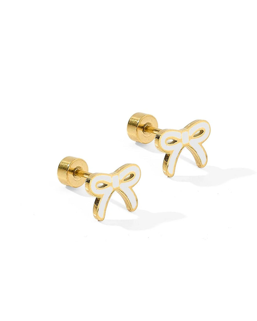 Sadie Enamel Gold Bow Flat Back Screw Back Earrings