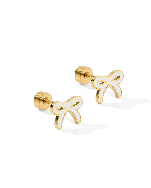 Sadie Enamel Gold Bow Flat Back Screw Back Earrings