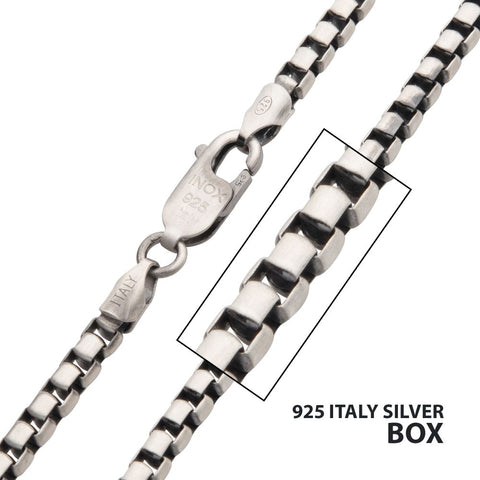 3.6mm 925 Italy Silver Black Rhodium Plated Brushed Satin Finish Box Chain Necklace