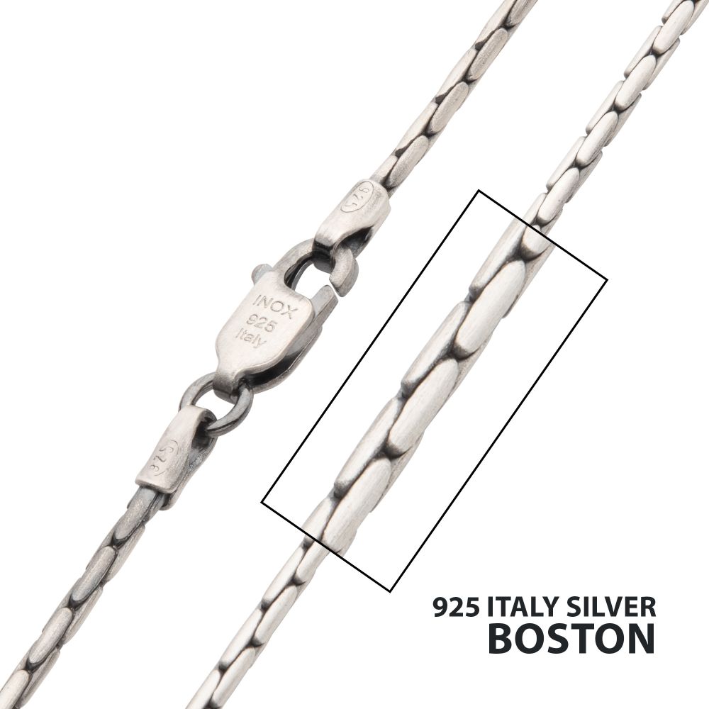 1.5mm 925 Italy Silver Black Rhodium Plated Brushed Satin Finish Boston Chain Necklace