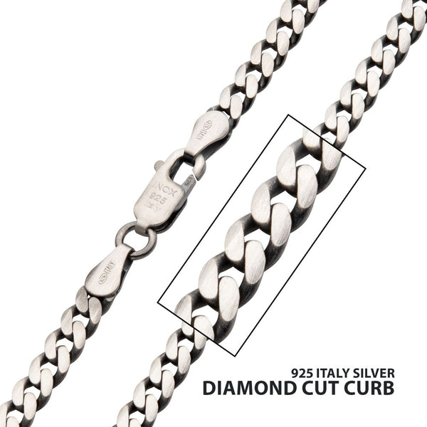 3.6mm 925 Italy Silver Black Rhodium Plated Brushed Satin Finish Diamond Cut Curb Chain Necklace