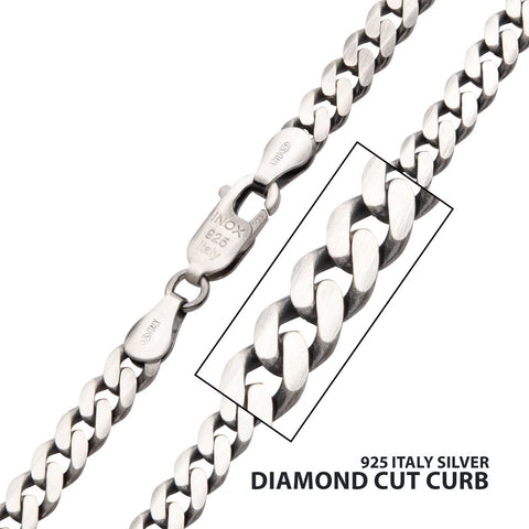 5.4mm 925 Italy Silver Black Rhodium Plated Brushed Satin Finish Diamond Cut Curb Chain Necklace